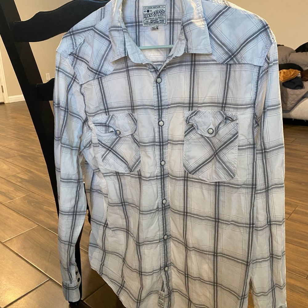 Lucky Brand White and Gray Plaid Shirt